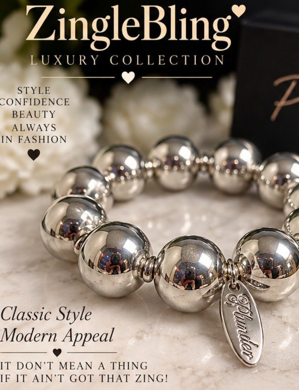 NIP Plunder Silver Tone Large Bead Stretch Bracelet Signature Charm